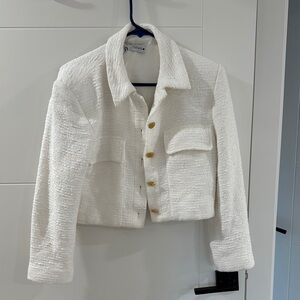 White Textured Cropped Jacket with Gold Buttons